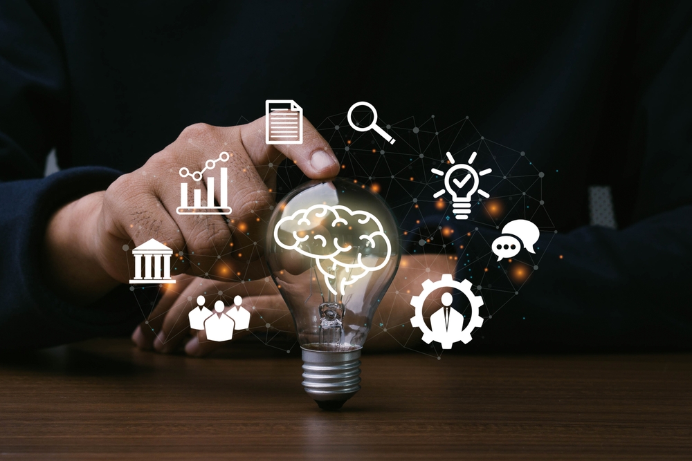 Skills,knowledge,And,Ability.man,Hand,Touching,Light,Bulb,With,Icon,Of